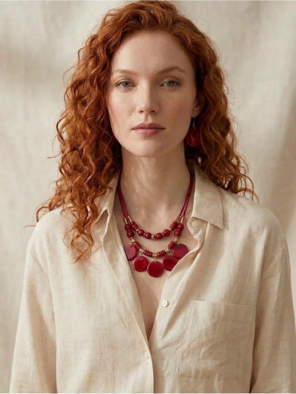 Red Statement Beaded Necklace & Earring Set - Unbranded